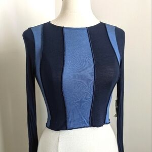 LIBERTY Love Blue Raw Seam Cropped Top Long Sleeve Striped L Baby tee